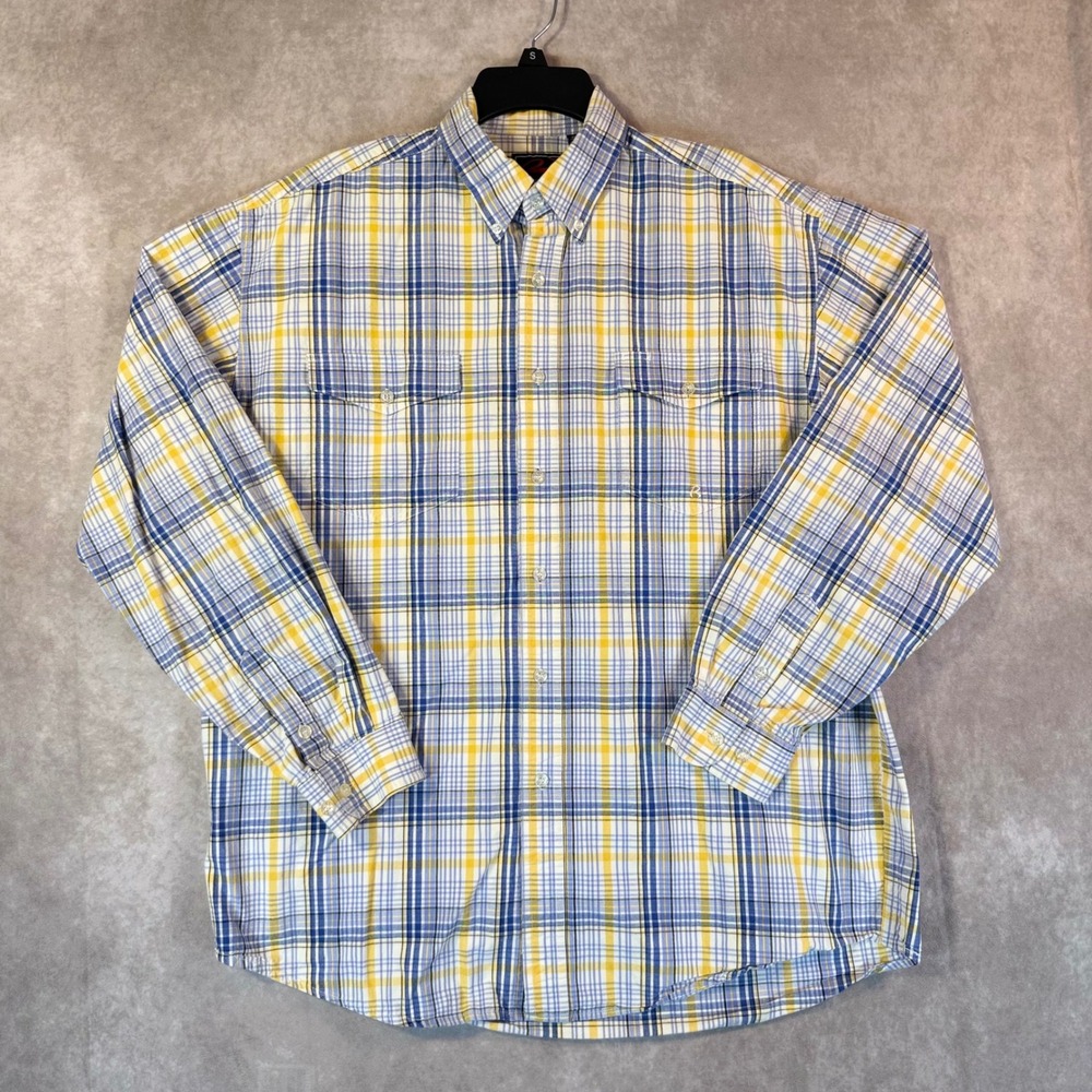 Roper Shirt Men Large Blue Yellow Plaid LS Cotton Button Western Cowboy Rugged